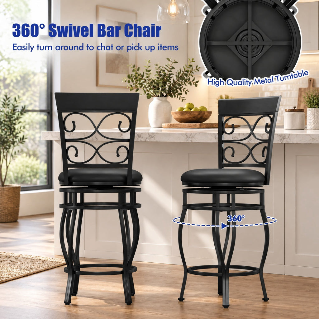 Airfind Set of 2 26 Inch Bar Stool with Backrest and Footrest, 300 Lbs Capacity, Metal PU Sponge, 19 Inch X 16.5 Inch X 45 Inch, Black