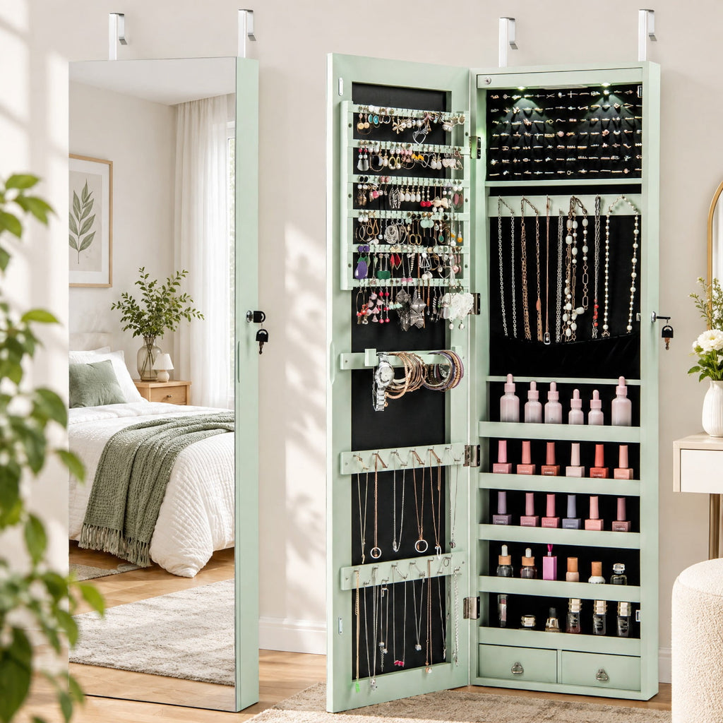 Airfind Wall and Door Mounted Mirrored Jewelry Cabinet with Lights, MDF Board Glass Mirror Frame, 14 Inch x 4 Inch x 54.5 Inch Footprint, Green