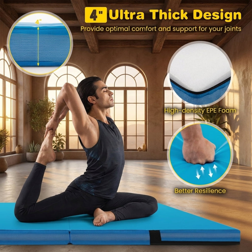 Airfind 4 x 4 FT Bi-Folding Gymnastic Tumbling Mat with Carry Straps and Washable Cover, 4 Inch Thick Foam Exercise Mat, Blue