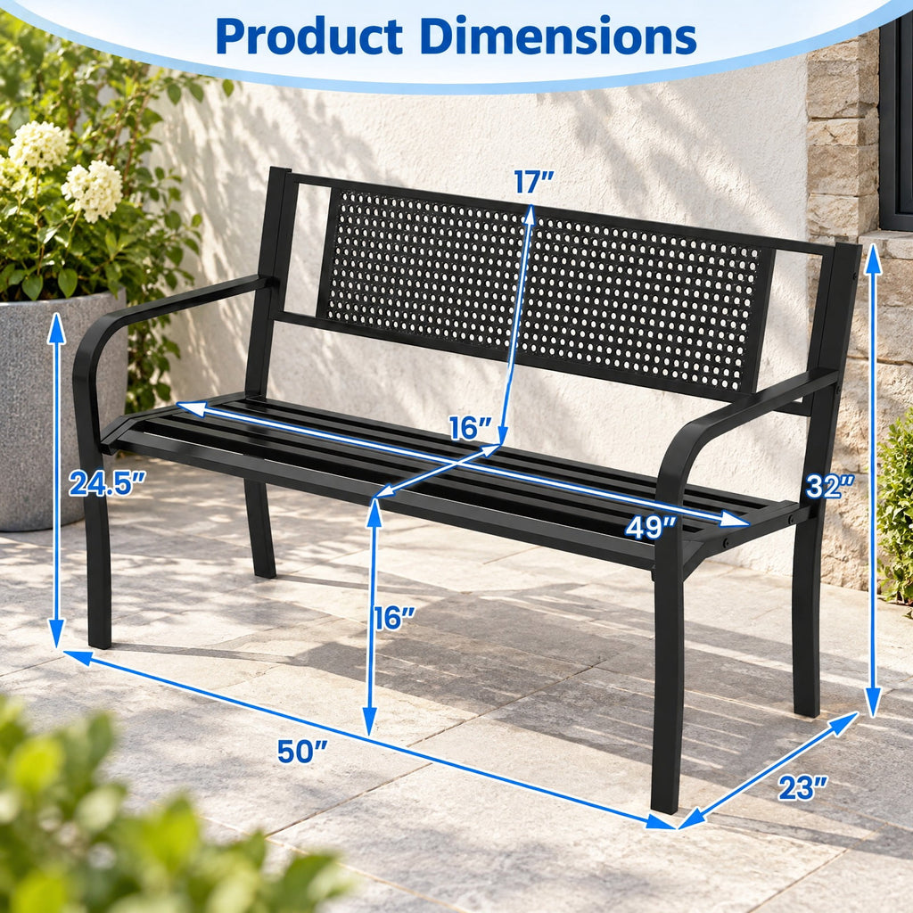 Airfind 50 Inches Garden Bench with Patterned Backrest and Curved Armrests, 660 lbs Capacity, Metal Frame, 50 × 23 × 32 Footprint, Black