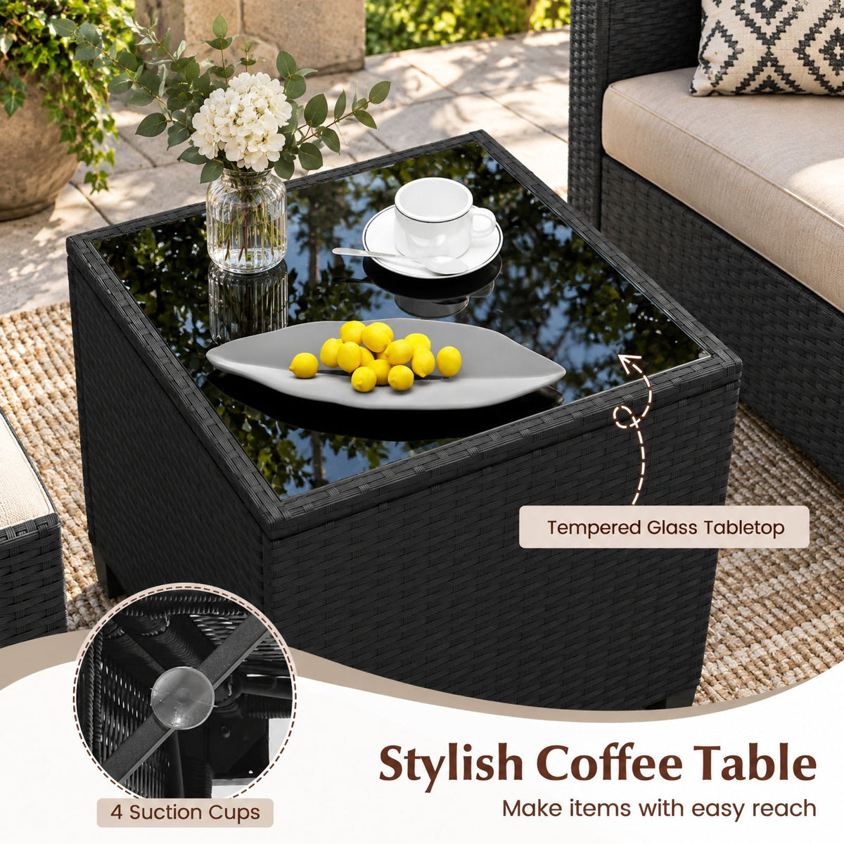 Airfind 3 Pieces Patio Furniture Set with Tempered Glass Coffee Table, 400 lbs Capacity, PE Rattan Metal Tempered Glass Polyester Sponge Frame