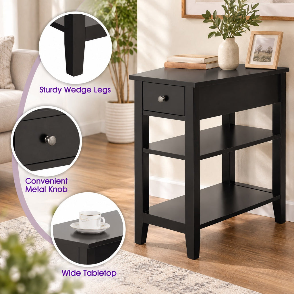 Airfind 3-Tier End Table with Drawer slideway and Double Shelves, 90 lbs Capacity, MDF Frame, 24 Inch x 12 Inch x 24.5 Inch (L x W xH) Drawer Footprint, Brown