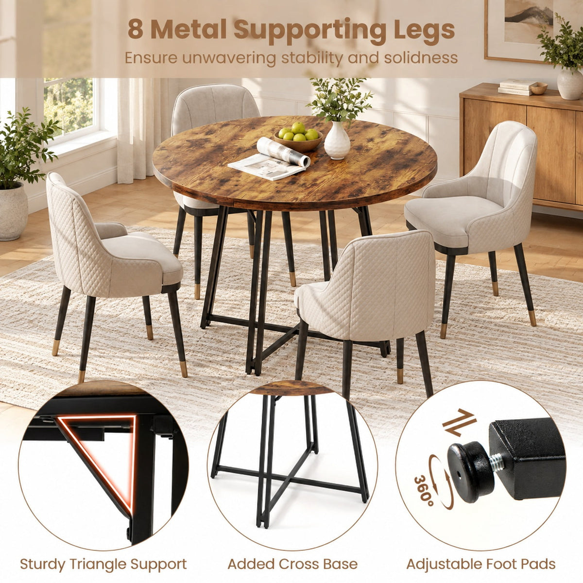 Airfind 47 Inch Dining Table for 4-6 People Round Kitchen Table with Cross Base, 200 lbs Capacity, Metal MDF Frame, 47 x 30.5 Footprint, Brown
