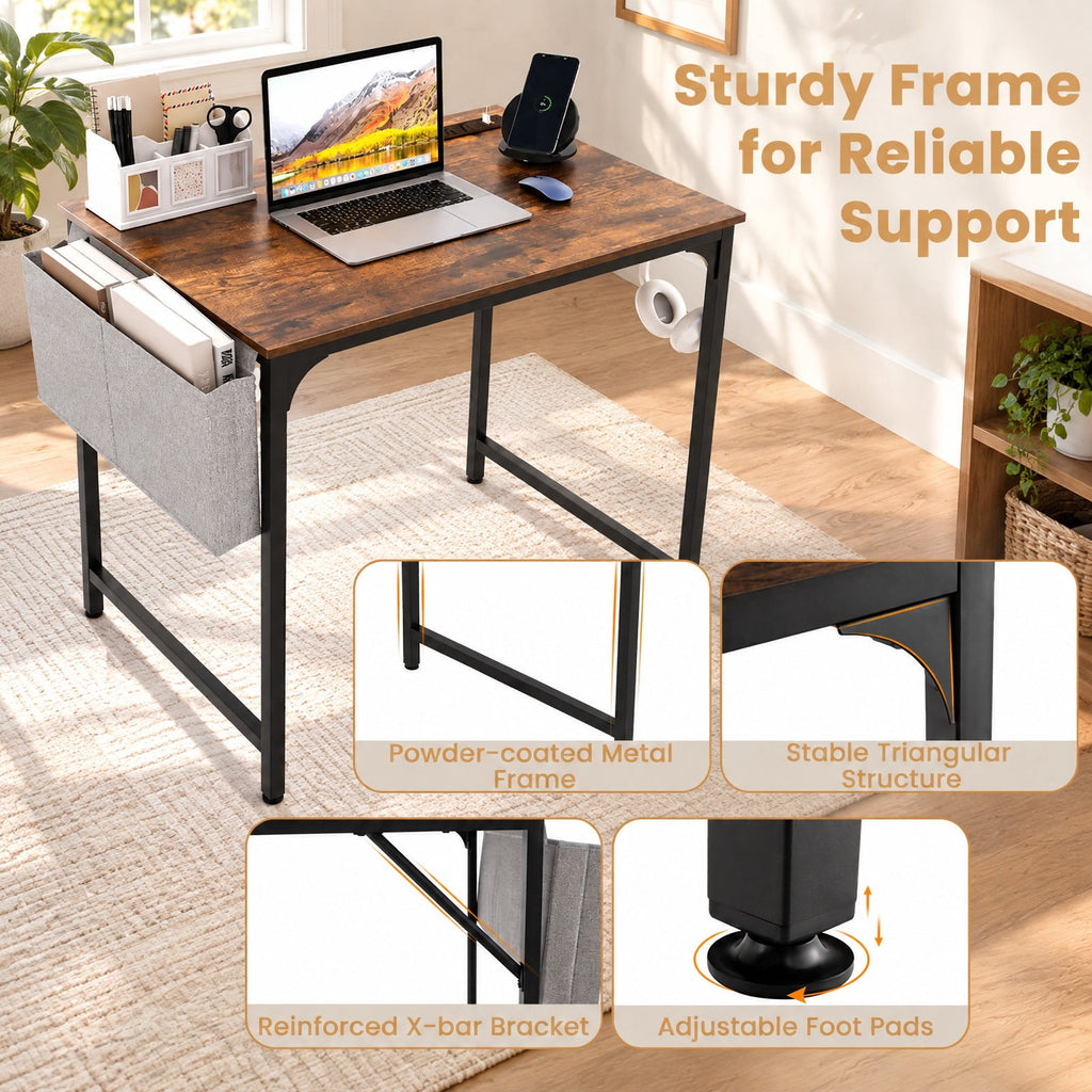 Airfind 32 Inch Home Office Desk with Charging Station Storage Bag and Headphone Hook, 210 lbs Capacity, Engineered Wood MDF Metal Fabric Frame