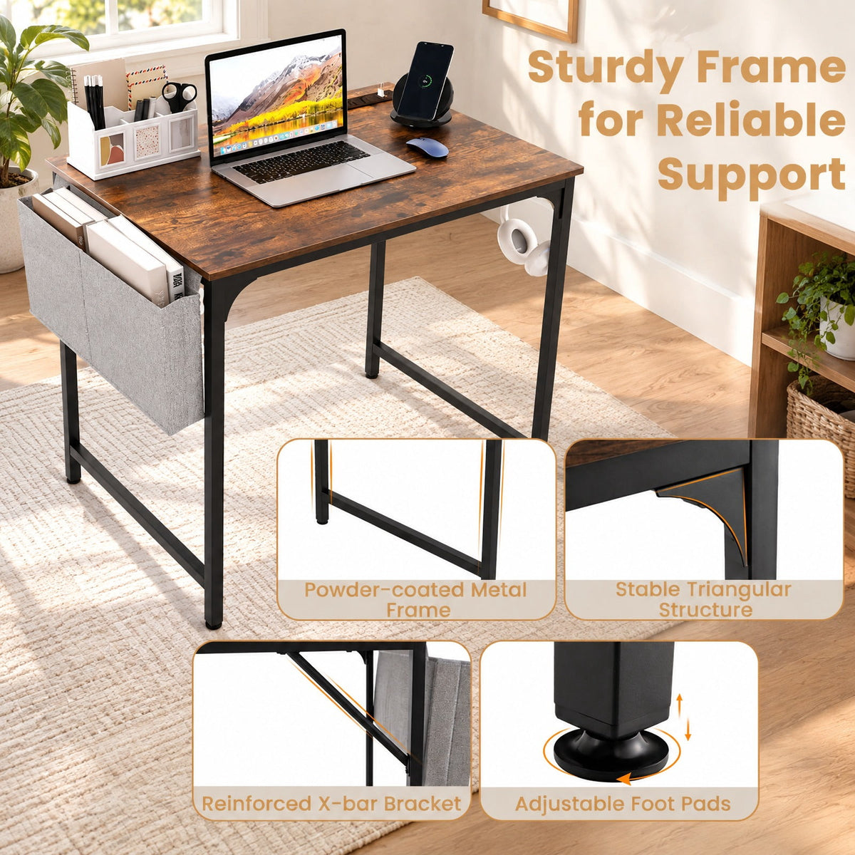 Airfind 32 Inch Home Office Desk with Charging Station Storage Bag and Headphone Hook, 210 lbs Capacity, Engineered Wood MDF Metal Fabric Frame