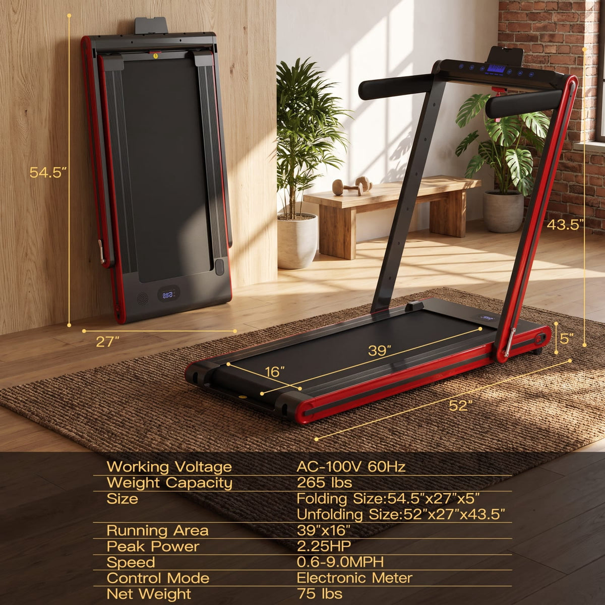 Airfind 2 in 1 Folding Treadmill with 2.25 HP Motor and Dual LED Display for Home Office Under Desk Walking and Jogging, Red