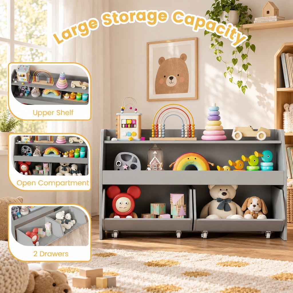 Airfind Youth Toy Storage Organizer Wooden Bookcase with 2 Movable Drawers, 176 Lbs Capacity, Engineered Wood, for 3 and Years Old Total, Gray