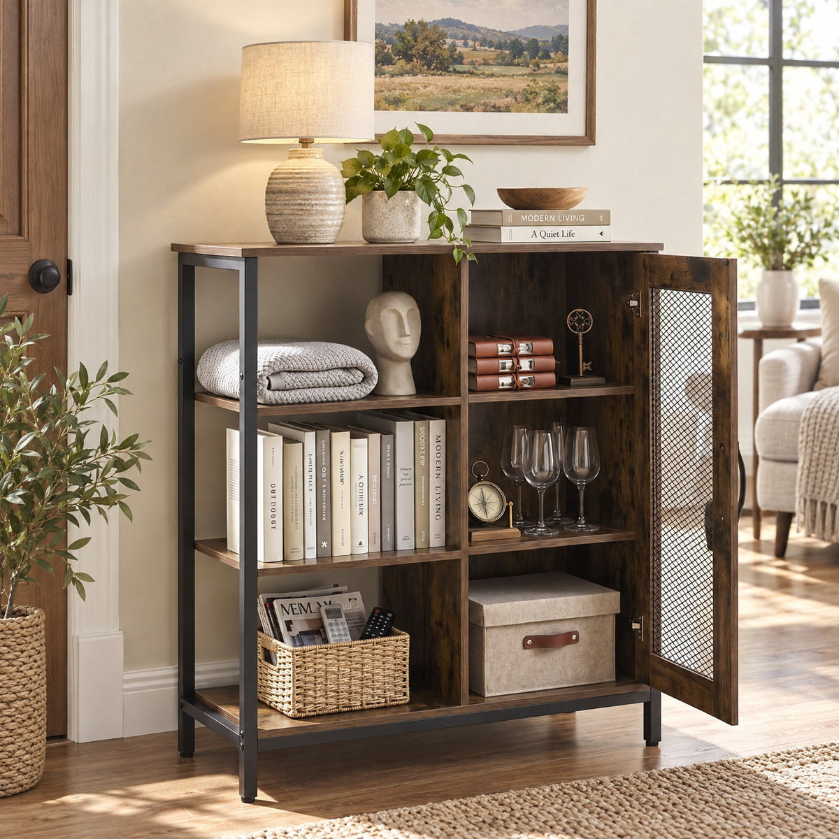 AIRFIND Storage Cabinet with Mesh Door, 3 Open Shelves and 2 Adjustable Interior Shelves, 27.5 in Industrial Buffet Sideboard, Rustic Brown