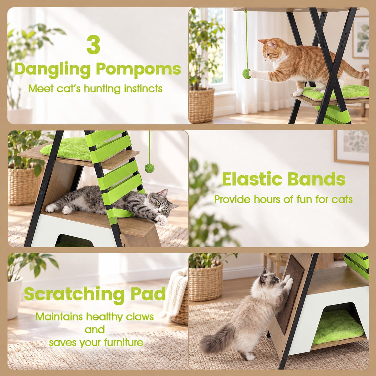 Airfind 73 Inch Multi-level Cat Tree for Indoor Cats with Elevated Perch and Large Condo, 44 lbs Capacity, Engineered Wood Frame, Green