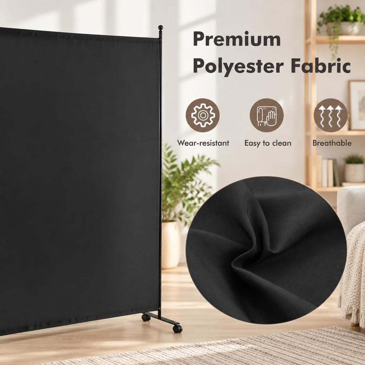 Airfind 6 Feet Single Panel Rolling Room Divider with Smooth Wheels, Metal polyester Frame, 73 x 12 x 73 Footprint, Black