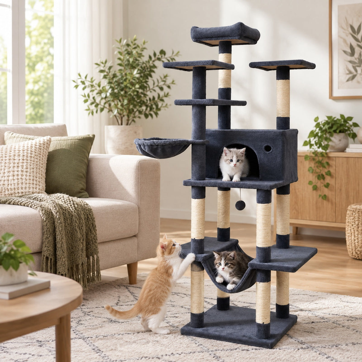 Airfind Large Cat Tree for Indoor Cats 63 Inch Tall Cat Tower, Plush Fabric Sisal Engineered Wood Base Frame, Dark Gray