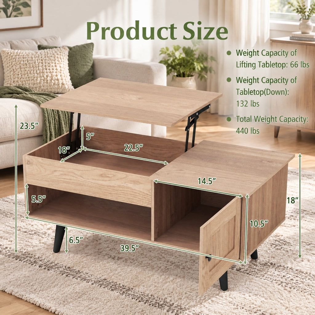 Airfind Lift Top Coffee Table with Storage and Hidden Compartment, 66 lbs Capacity, Engineered Wood MDF Frame, 39.5 x 19.5 x 18 Footprint