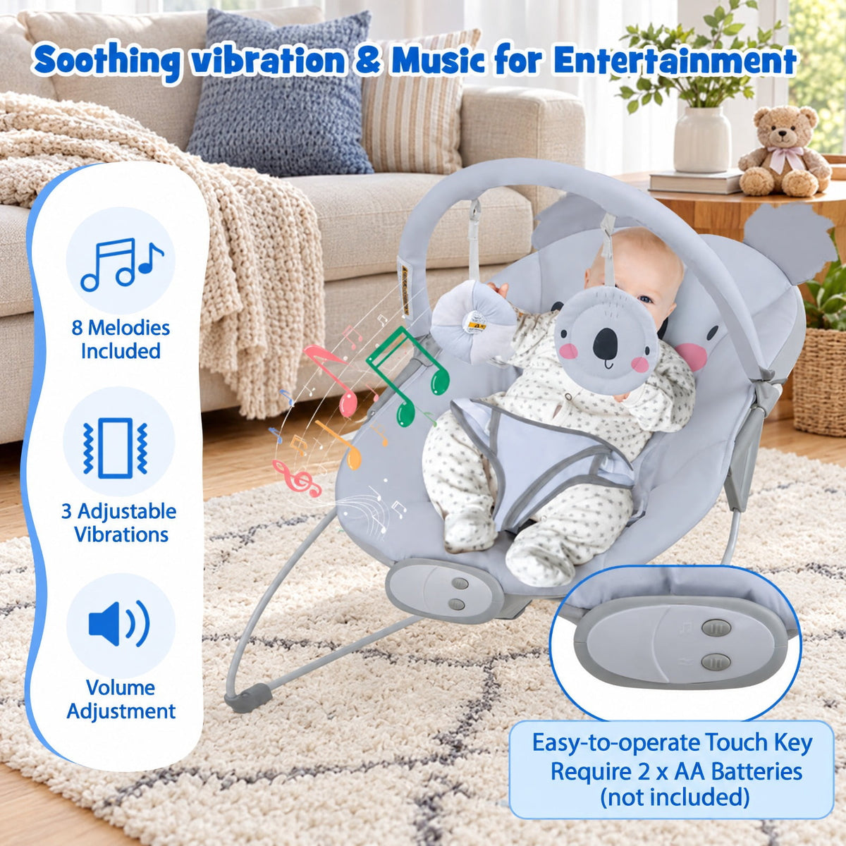 Airfind Portable Youth Bouncer Rocker Seat featuring Detachable Toy Bar, 20 lbs Capacity, Peach Velvet Fabric Polyester Metal ABS TPE Frame, Gray