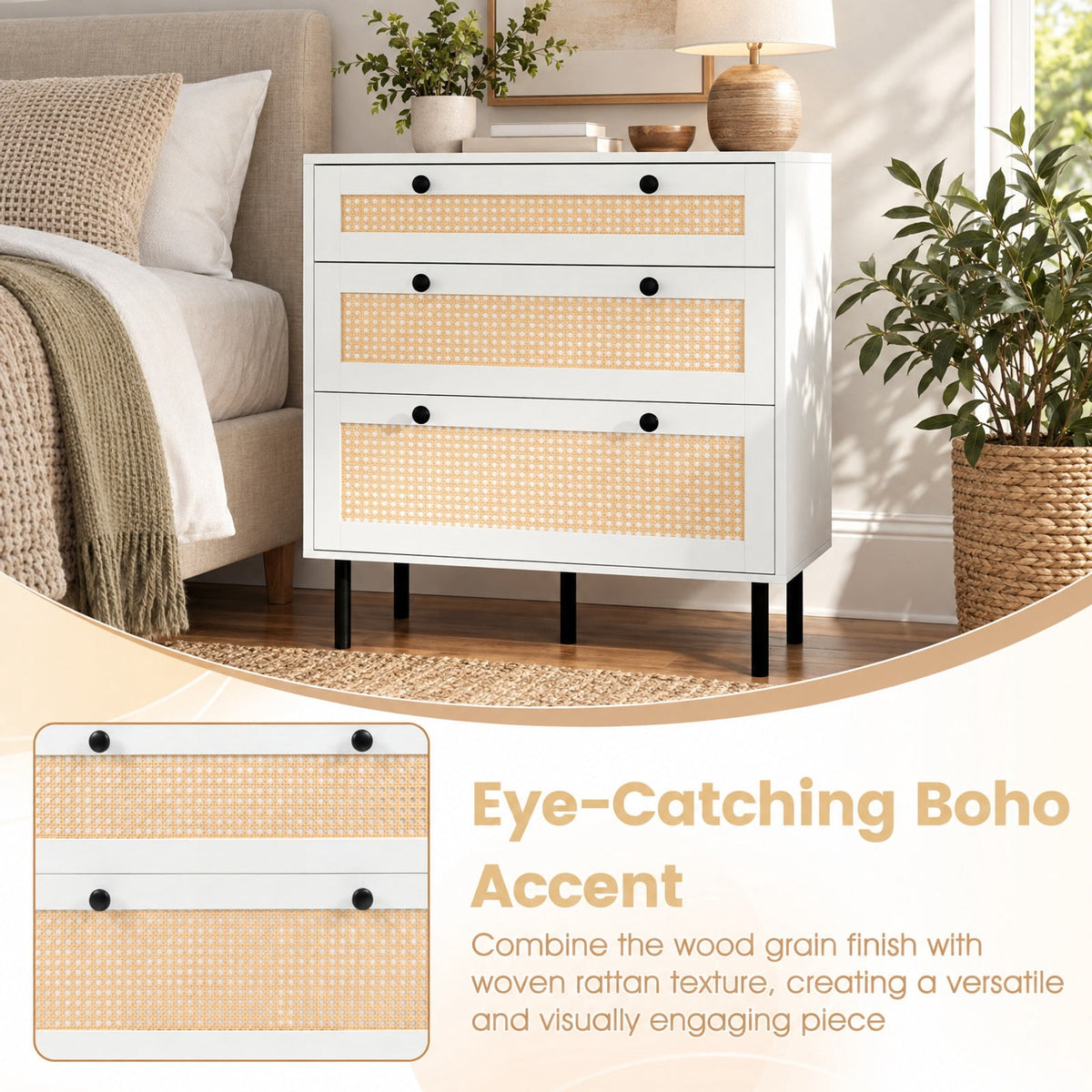 Airfind 3-Drawer Rattan Nightstand Boho Chest of Drawers for Bedroom, 66 lbs Capacity, Engineered Wood MDF Metal Frame, 29.5 x 14 x 31 Footprint