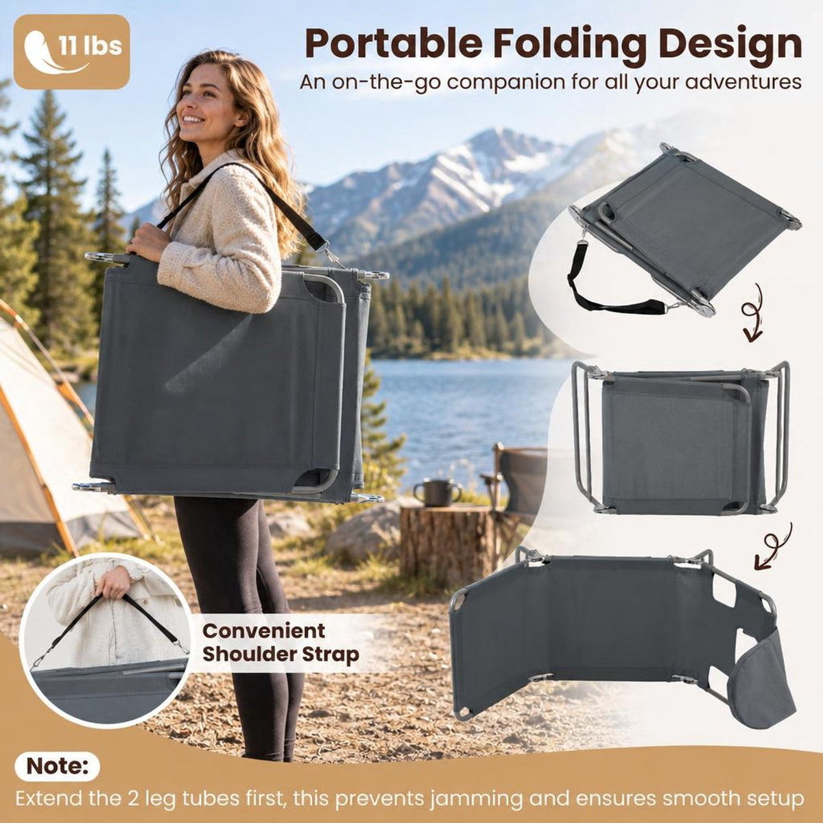 Airfind Folding Beach Lounge Chair with Adjustable Backrest for Lawn, 330 lbs Capacity, Metal Oxford Fabric Polyester Sponge Frame, Gray