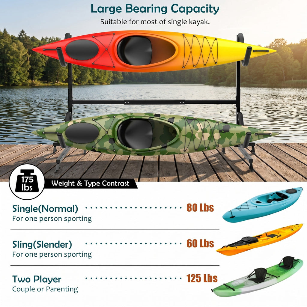 Airfind Freestanding Height Adjustable Dual Kayak Storage Rack with 6 Height Settings for Garage Boat House and Dock, Black