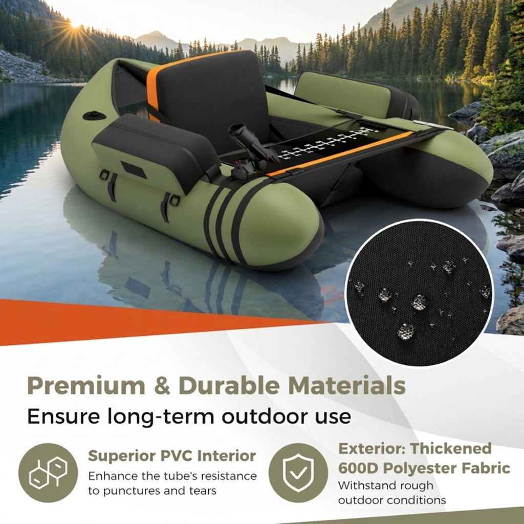 Airfind Inflatable Fishing Float Tube with foot pump and fish ruler plus mesh pockets and 350 lb heavy-duty PVC float seat for lake and pond bass fly fishing, Green