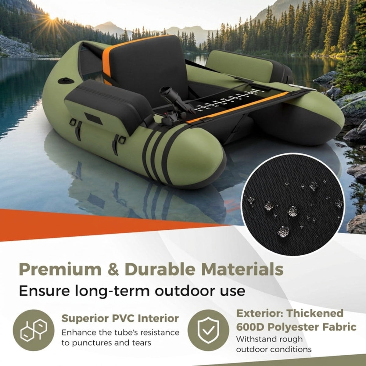 Airfind Inflatable Fishing Float Tube with foot pump and fish ruler plus mesh pockets and 350 lb heavy-duty PVC float seat for lake and pond bass fly fishing, Green