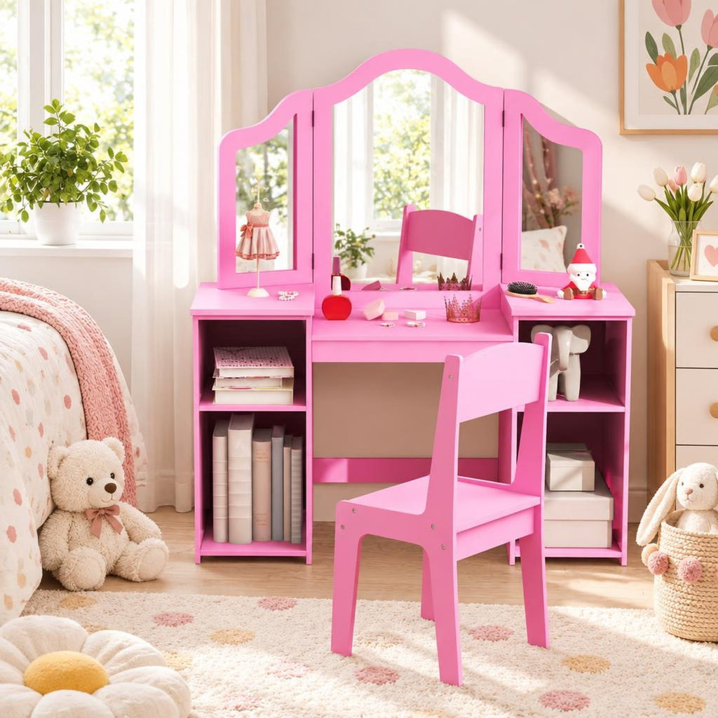 Airfind Kids Vanity Table and Chair Set with Removable Tri-Folding Mirror, 220 lbs Capacity, MDF Acrylic Frame, for 3+ Years Old, Pink
