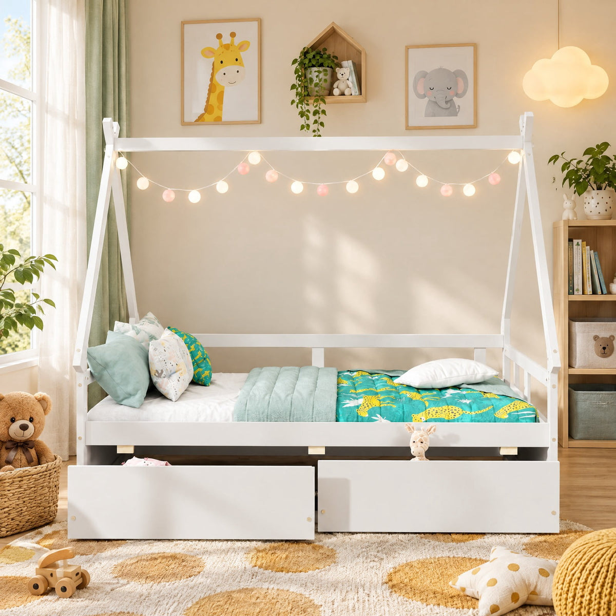 Airfind Twin Size House Bed with Roof and Safety Guardrail, Solid Wood MDF Plywood, Net Weight 83 Lbs for Convenient Everyday Use, White
