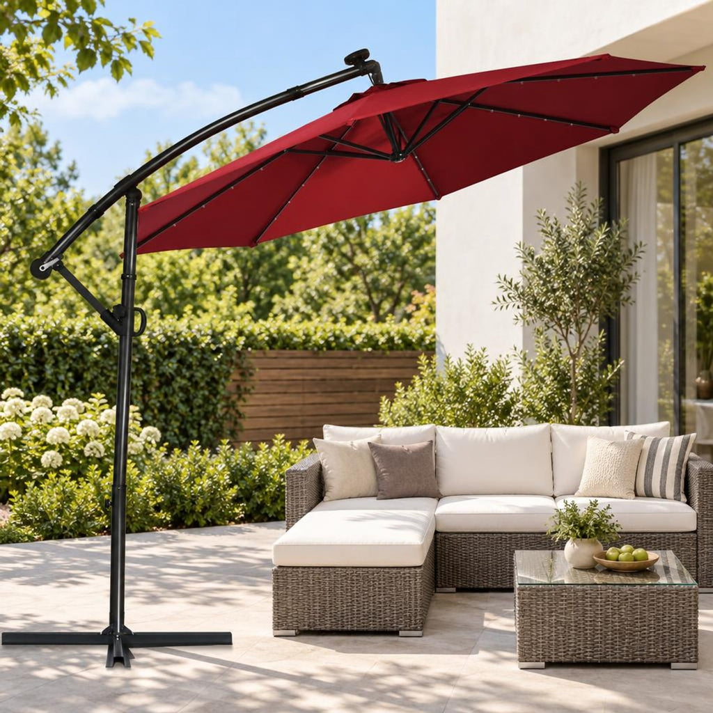 Airfind 10 ft 360° Rotation Solar Powered LED Patio Offset Umbrella without Weight Base, Steel aluminum polyester fabric Frame, 10 x 7.5 Footprint