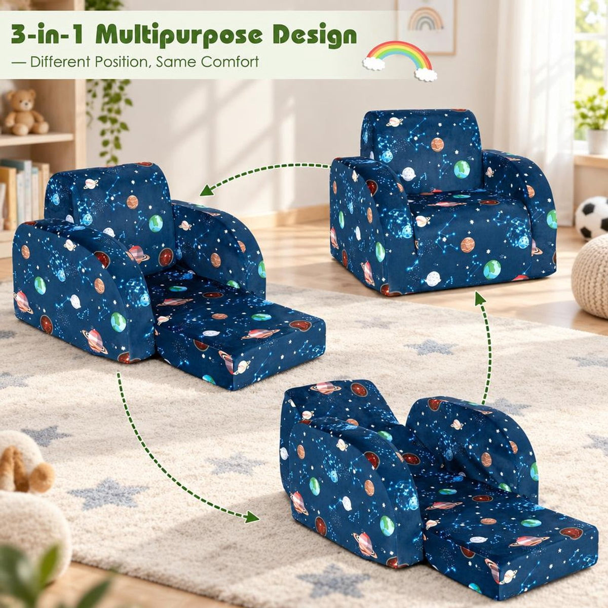 Airfind 3-in-1 Convertible Kid Sofa Bed Flip-Out Chair Lounger for Toddler, 66 lbs Capacity, Velvet fabric sponge Fully expanded Frame, Blue