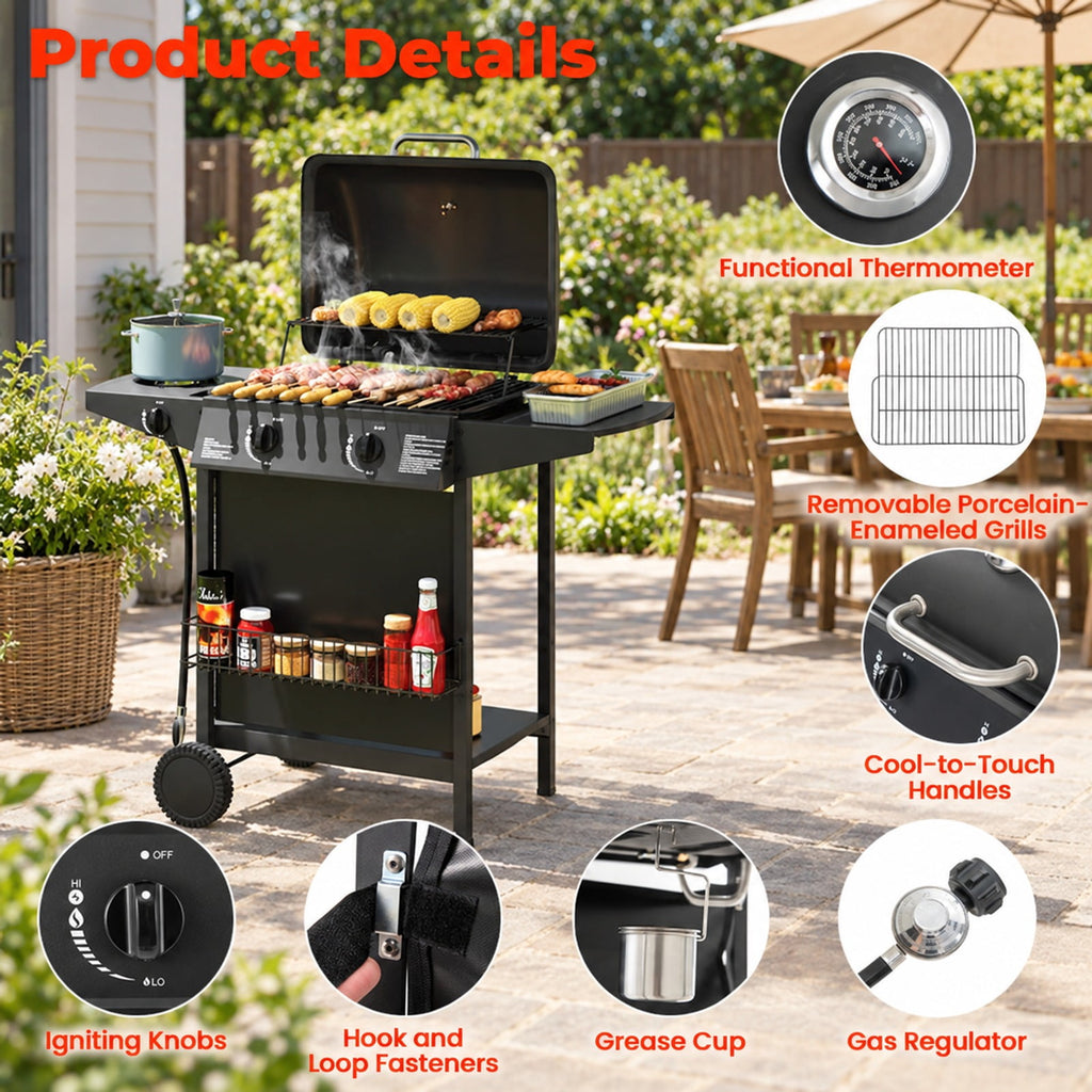 Airfind 30 000 BTU Outdoor Burner Propane Gas Grill on Wheels, Metal Stainless Steel, 43 Inch X 20 Inch X 38 Inch for Convenient Everyday Use, Black