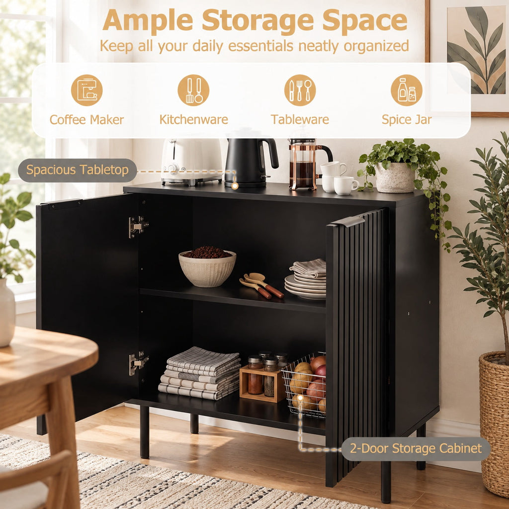Airfind Fluted Buffet Cabinet with 2-Door Sideboard for Kitchen and Dining Room, Black, Metal legs provide strong and reliable support