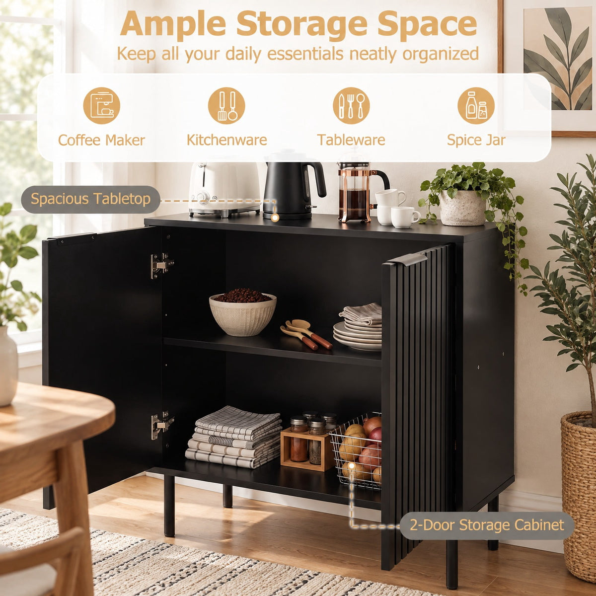Airfind Fluted Buffet Cabinet with 2-Door Sideboard for Kitchen and Dining Room, Black, Metal legs provide strong and reliable support