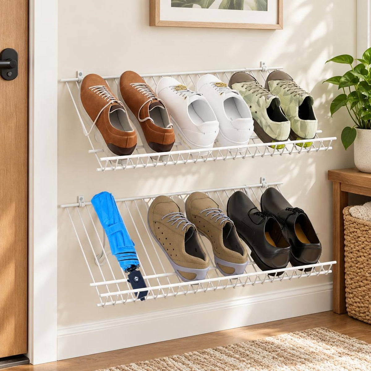 Airfind Closet Shelves Wall Mounted Set of 2 Metal Wire Shoe Racks, 11 lbs Capacity, Metal Frame, 24 Inch x 12 Inch x 1 Inch Footprint, White