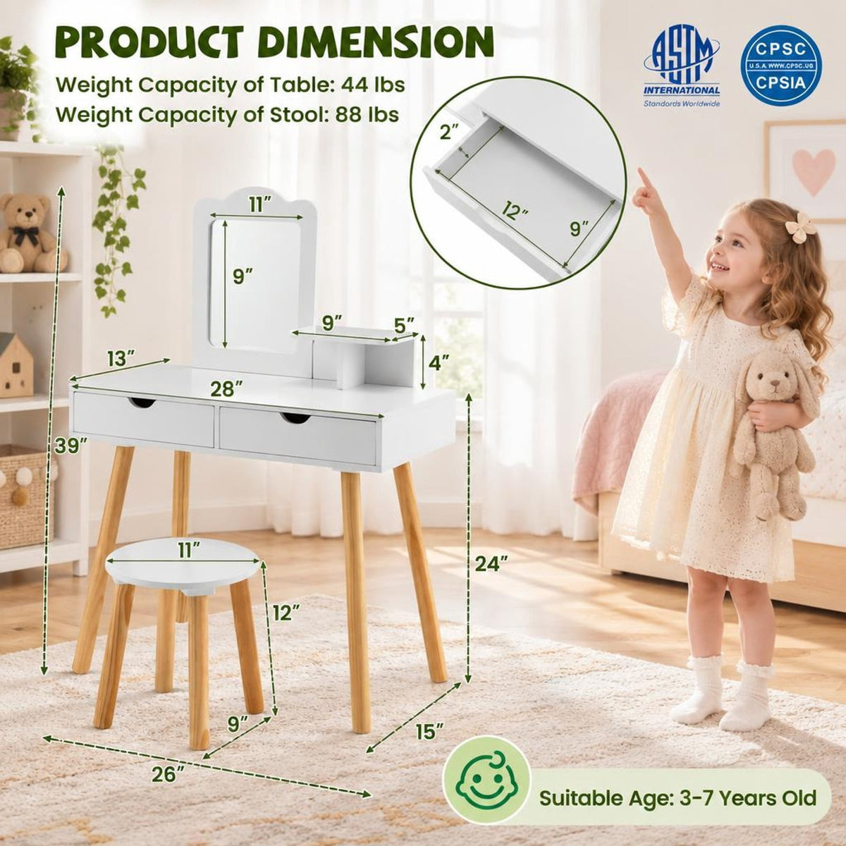 Airfind Kid Vanity Table Chair Set with Mirror and 2 Large Storage Drawers, 44 lbs Capacity, Pine wood MDF Frame, 28in x 13in x 39in Footprint, White