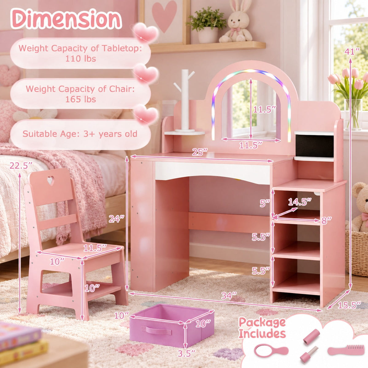 Airfind Kids Vanity Set with Colorful LED Lights Princess Makeup Dressing Table with Chair, 110 lbs Capacity, MDF Frame, 34in x 15.5in x 41in Footprint