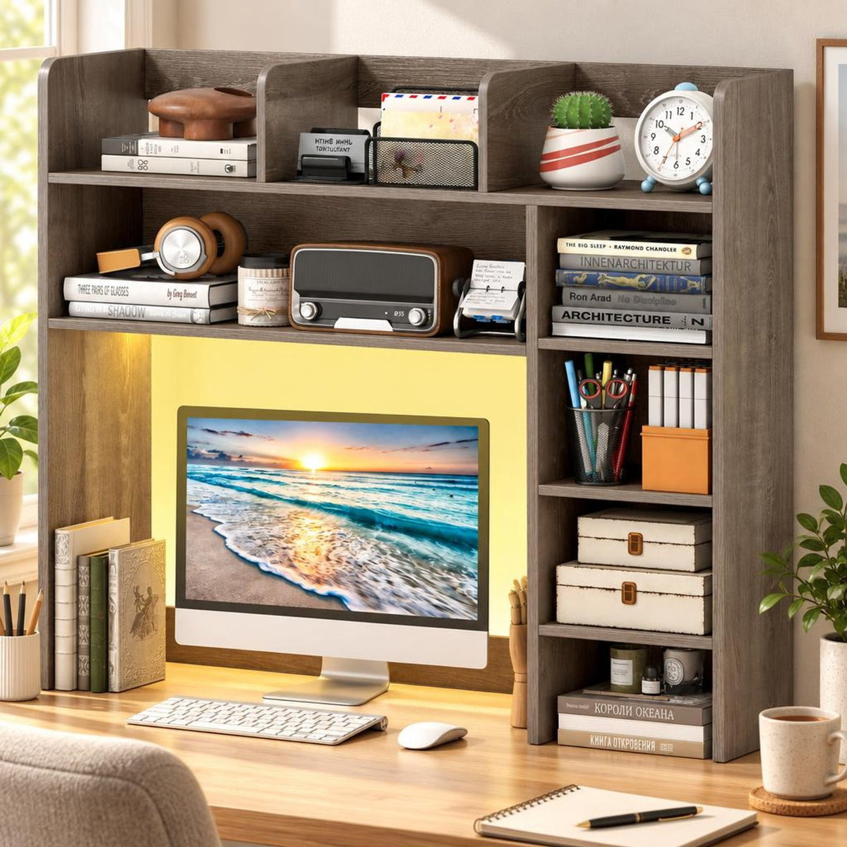 Airfind Desktop Bookshelf with LED Lights 35.5 inch Desk Hutch Storage Organizer, of Top Shelf 100 lbs Capacity, Engineered Wood Frame, Oak