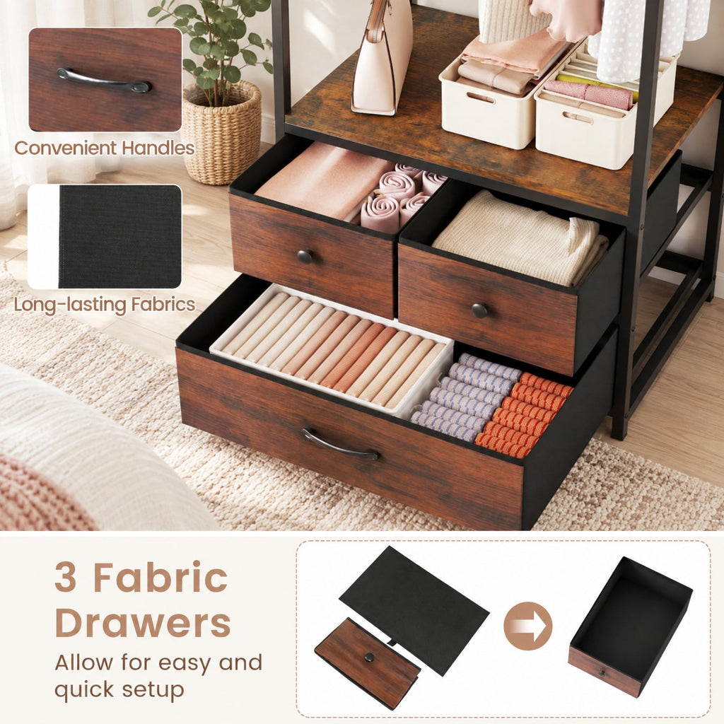 Airfind Clothes Rack with Drawers and Shelves with Side Hooks and Metal Frame, 22 lbs Capacity, Metal Engineered Wood Fabric Frame, Brown
