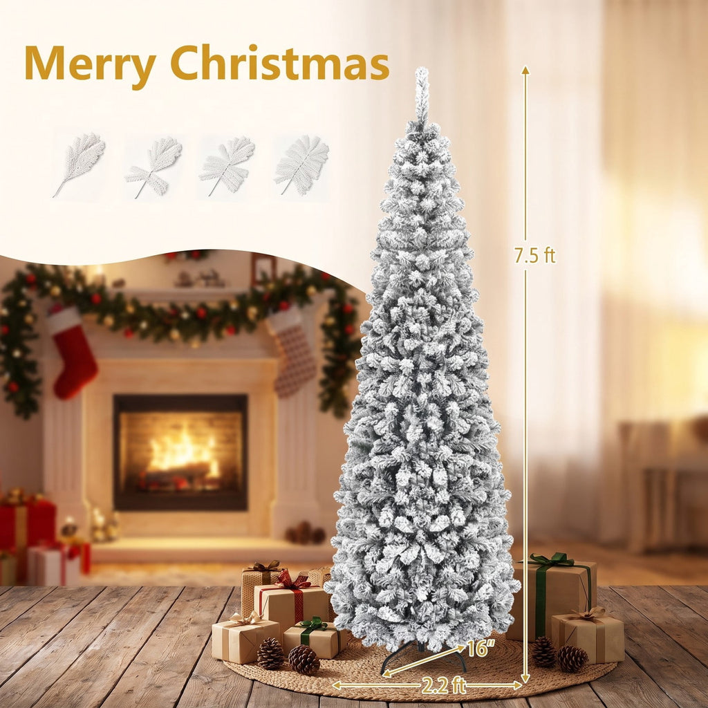 Airfind 7.5 Feet Unlit Hinged Snow Flocked Artificial Pencil Christmas Tree with 641 Tips, PVC Metal Tree Height 7.5 ft Tree Width 2.2 ft Frame