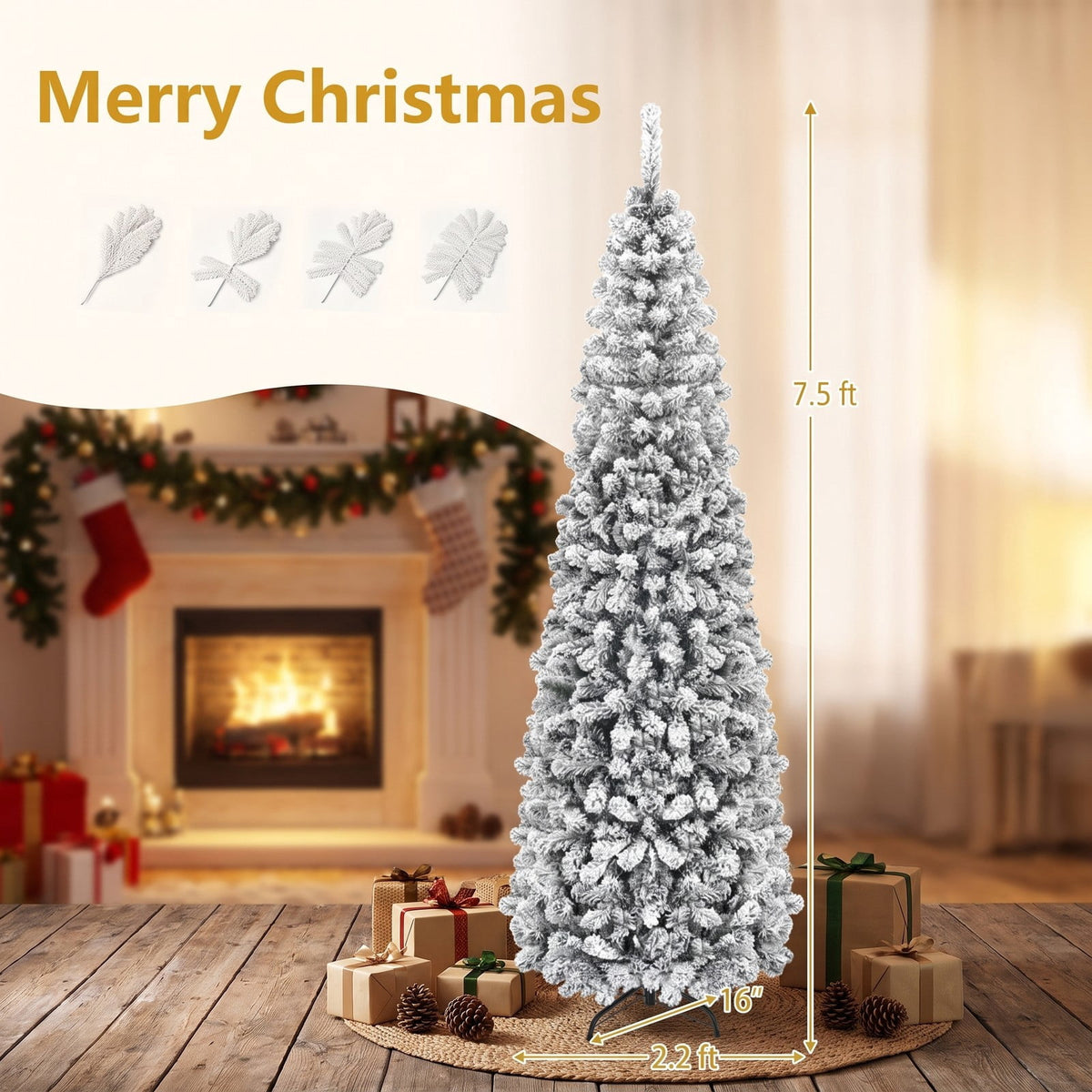 Airfind 7.5 Feet Unlit Hinged Snow Flocked Artificial Pencil Christmas Tree with 641 Tips, PVC Metal Tree Height 7.5 ft Tree Width 2.2 ft Frame
