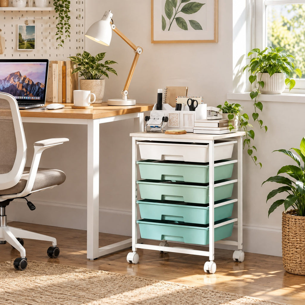 Airfind 5-Drawer Rolling Cart with Wooden Tabletop and Metal for Craft Room, 33 lbs Capacity, Metal PP Engineered Wood, Green