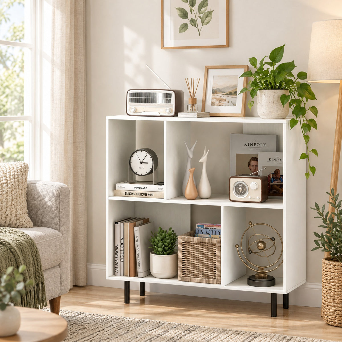 Airfind Open Shelf Bookcase with 4 Compartments, White, 4-cube bookcase provides ample storage space, Assembly is required before use