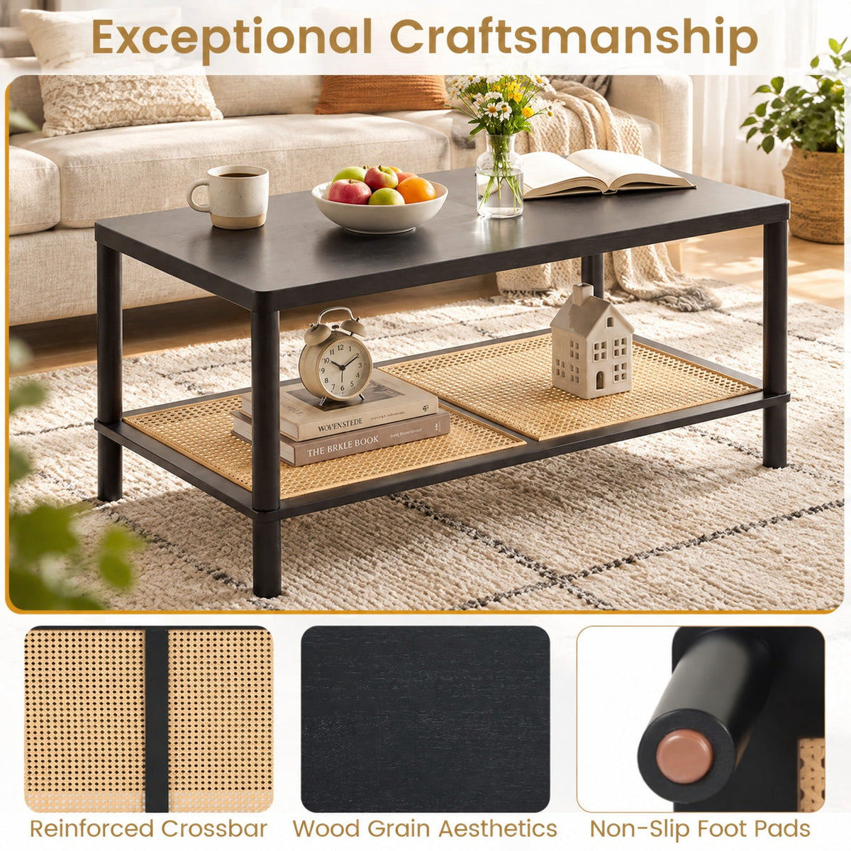 Airfind 2-Tier Boho Coffee Table for Living Room Rectangular Center Table with Rubber Wood Frame and PVC Rattan Storage Shelf, 185 lbs Capacity