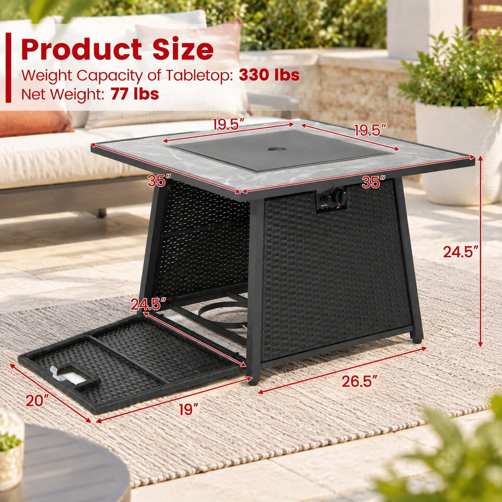 Airfind 35 Inch Propane Gas Fire Pit Table Wicker Rattan with Lava Rocks PVC Cover, 330 lbs Capacity, Steel stainless steel marble PE rattan Frame