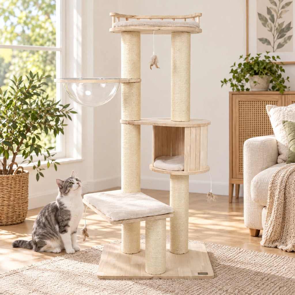 Airfind Cat Tree for Indoor Kittens with Top Perch Condo Space and 3 Hanging Feather Toys, Gray, 4 Inch sisal scratching posts for cats to claw