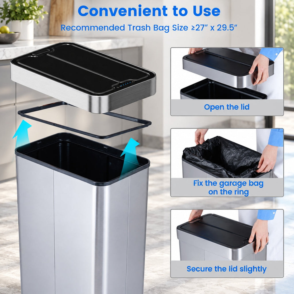 Airfind 16 Gallon Trash Can with Wing Lids for Bedroom Bathroom Kitchen, Stainless Steel ABS Frame, Silver