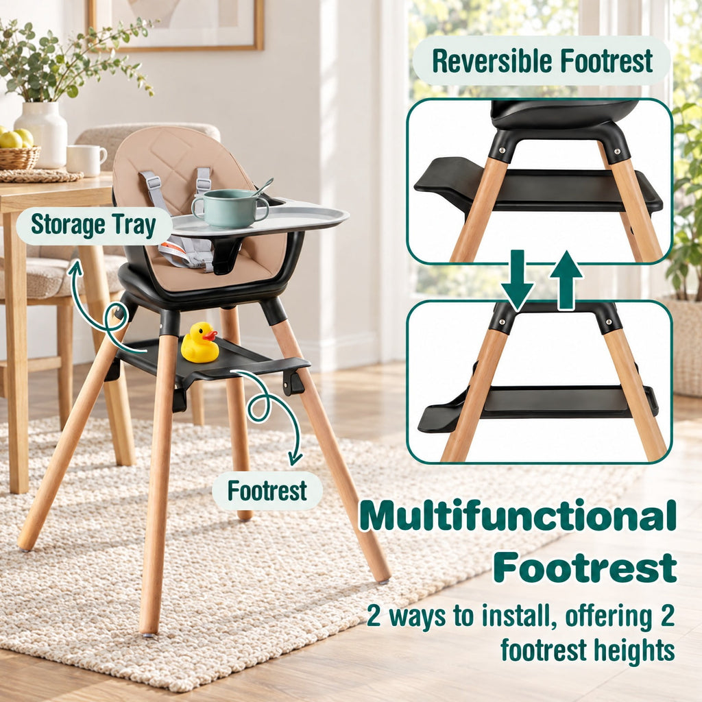 Airfind 6 in 1 Convertible Highchair with Safety Harness and Removable Tray, PP PU Beech Frame, 24.5 x 23 x 35.5 Footprint, Coffee