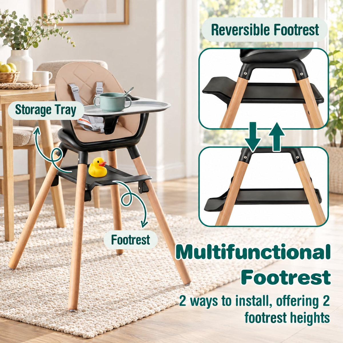 Airfind 6 in 1 Convertible Highchair with Safety Harness and Removable Tray, PP PU Beech Frame, 24.5 x 23 x 35.5 Footprint, Coffee