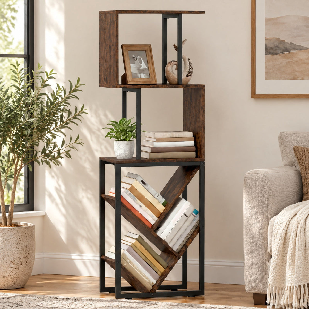 Airfind 6-Tier Bookshelf Floor Standing Tree S-Shaped Geometric Bookcase with Open Shelves, 44 lbs Capacity, Engineered Wood Metal Frame, Brown