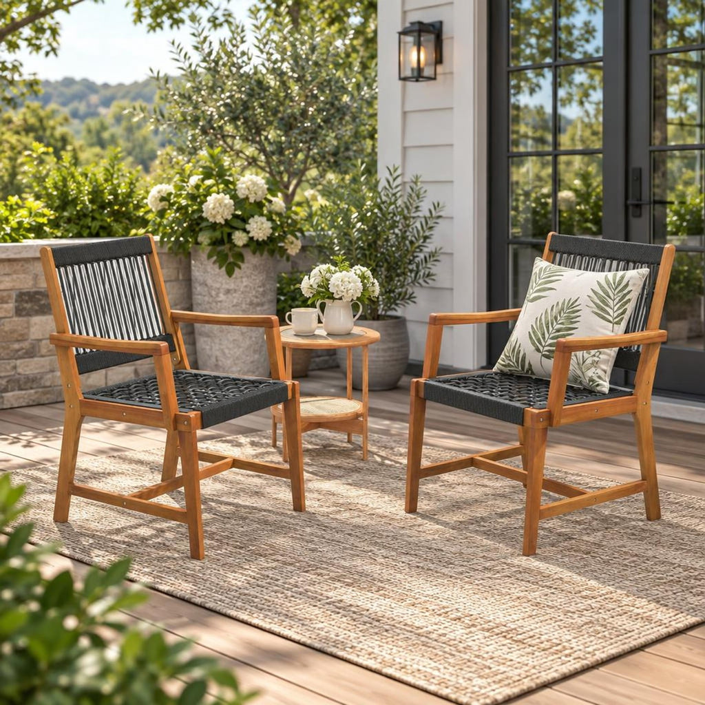 Airfind Set of 2 Patio Acacia Wood Dining Chairs with Armrests for Lawn Yard, Acacia Wood Plastic Rope Frame, Wood