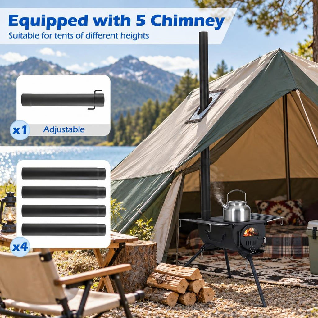 Airfind Hot Tent Stove with Chimney Pipes and Foldable Legs for Outdoor Heating, Carbon Steel Stainless Steel Frame, 33 Inch x 23 Inch x 93 Inch Footprint, Black