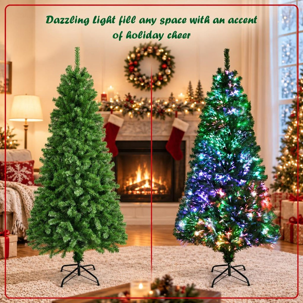 Airfind Pre-lit Multi-Colored Fiber Optic Spruce Artificial Christmas Tree-5 ft, PVC Metal Fiber Optic Height: 5/7 Ft Width: 2.5/3 Ft Frame