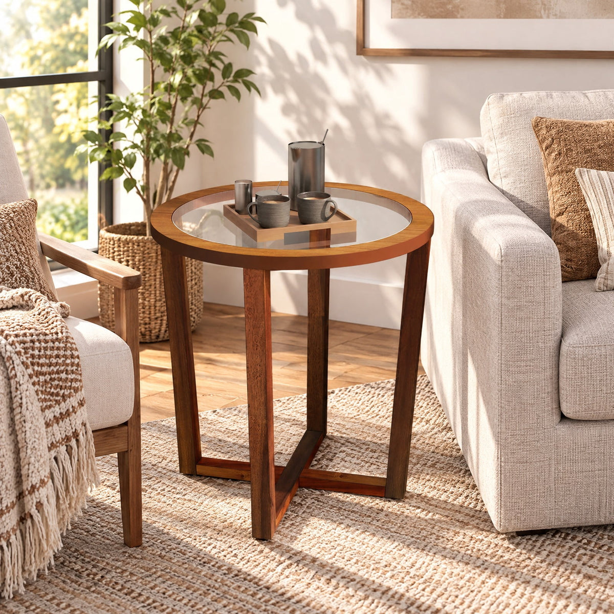 Airfind Modern Round End Table Sofa Side Table with Transparent Tempered Glass Top, 90 lbs Capacity, Tempered Glass Acacia Wood MDF Plywood Frame