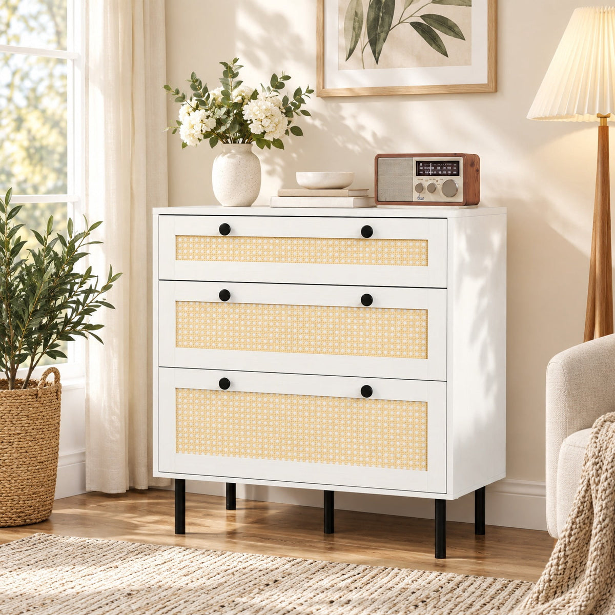 Airfind 3-Drawer Rattan Nightstand Boho Chest of Drawers for Bedroom, 66 lbs Capacity, Engineered Wood MDF Metal Frame, 29.5 x 14 x 31 Footprint